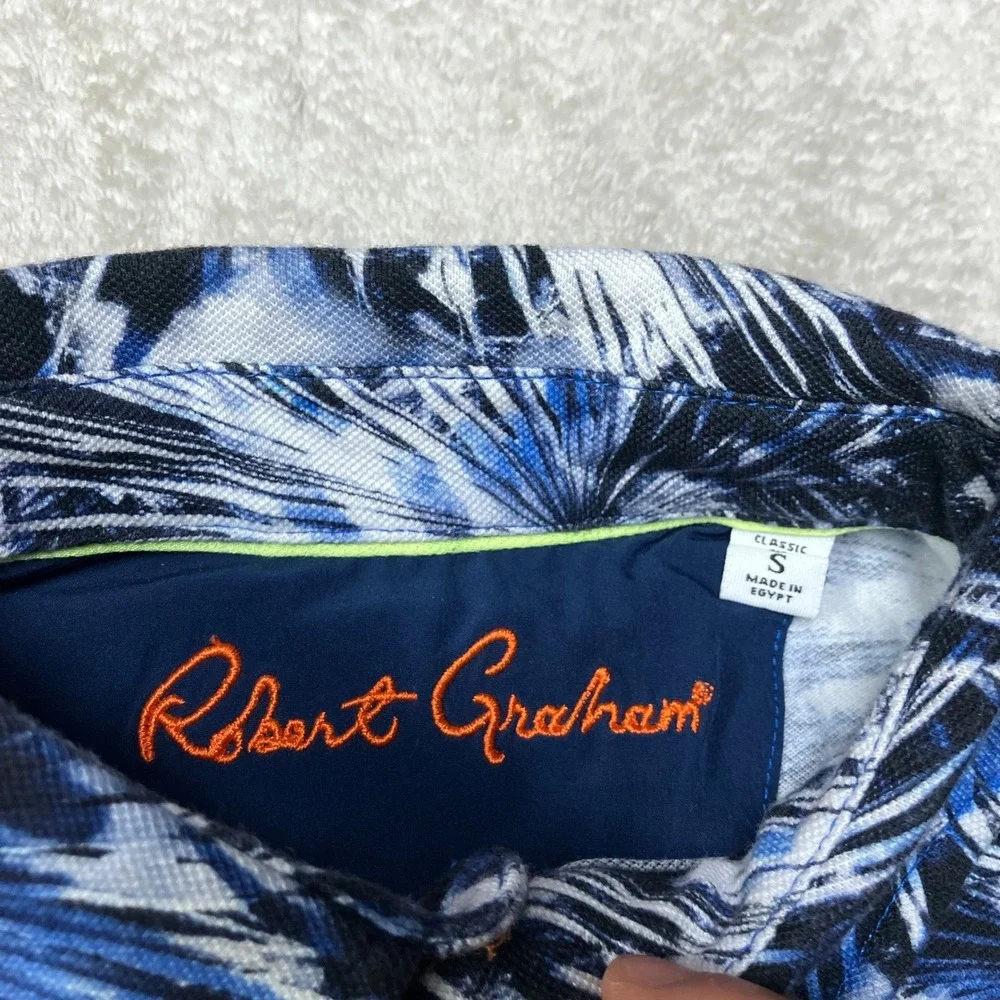 Robert Graham Polo Shirt Abstract Palm Bold AOP Blue White Mens Size S